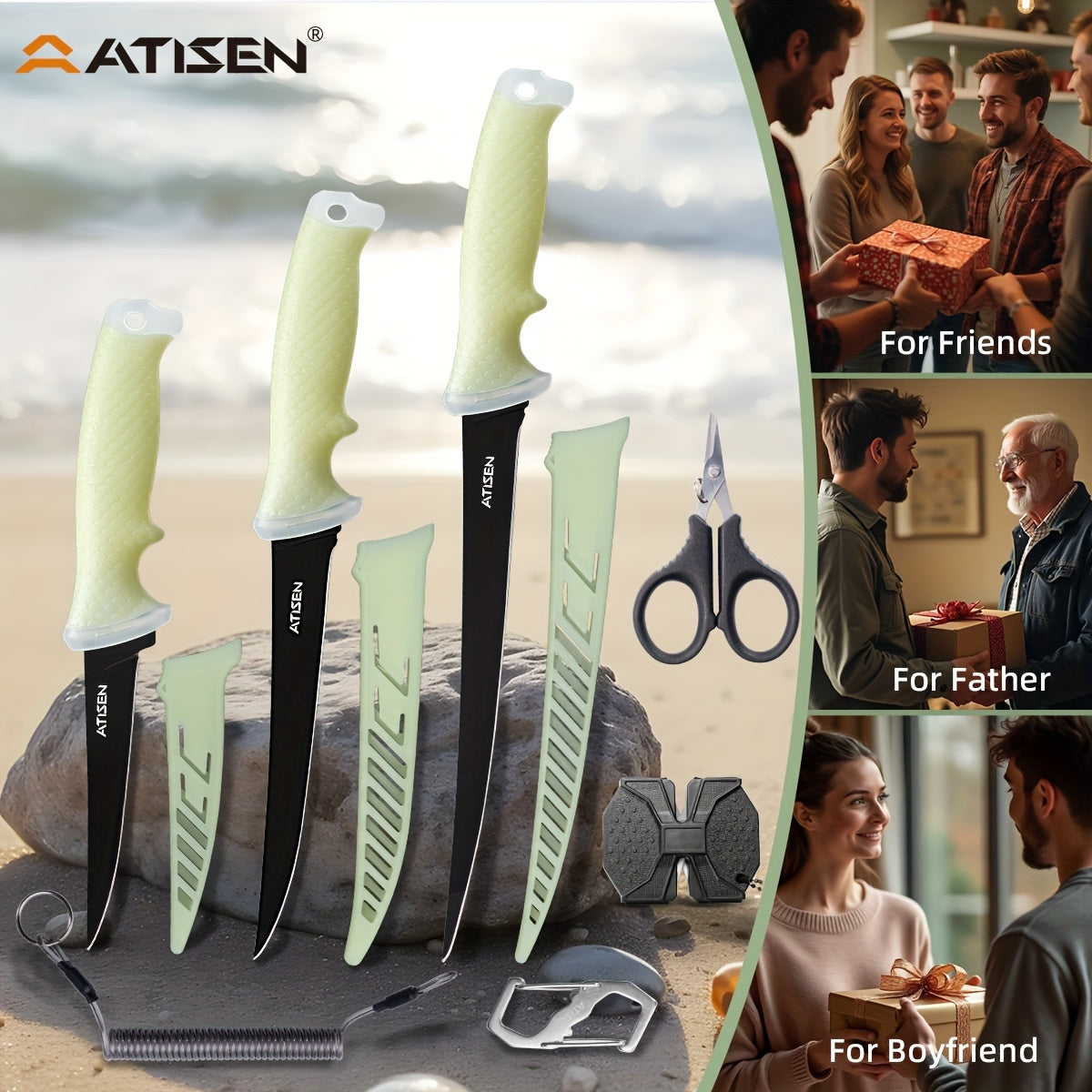 ATISEN 10/16pcs Professional Fishing Knife Set, Fish Angle Knife Set - for Filleting And Boning Fish, Dishwasher Safe - Filleting Knife, Road Runner Pliers, Fish Lip Gripper, Knife Sharpener, Retractable S-Buckle W/Harness Gi