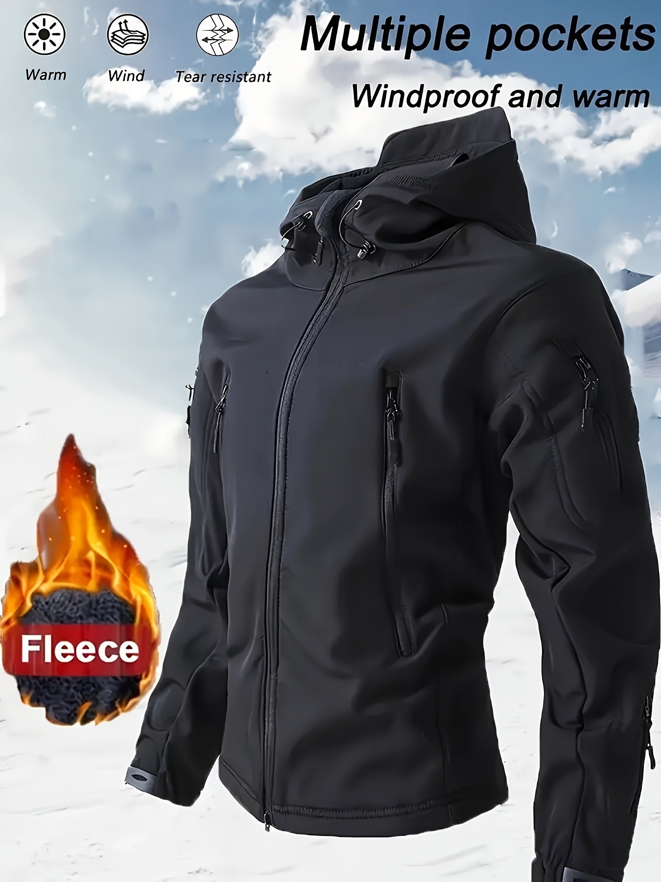 Men's Heavy-Duty Windproof Insulated Tactical Winter Jacket with Full-Zip Hooded Softshell Coat, Multiple Pockets & Zippered Pocket Flap - Machine-Washable Outdoor Survival Gear for Hiking, Skiing, Hunting, Camping (Black) -