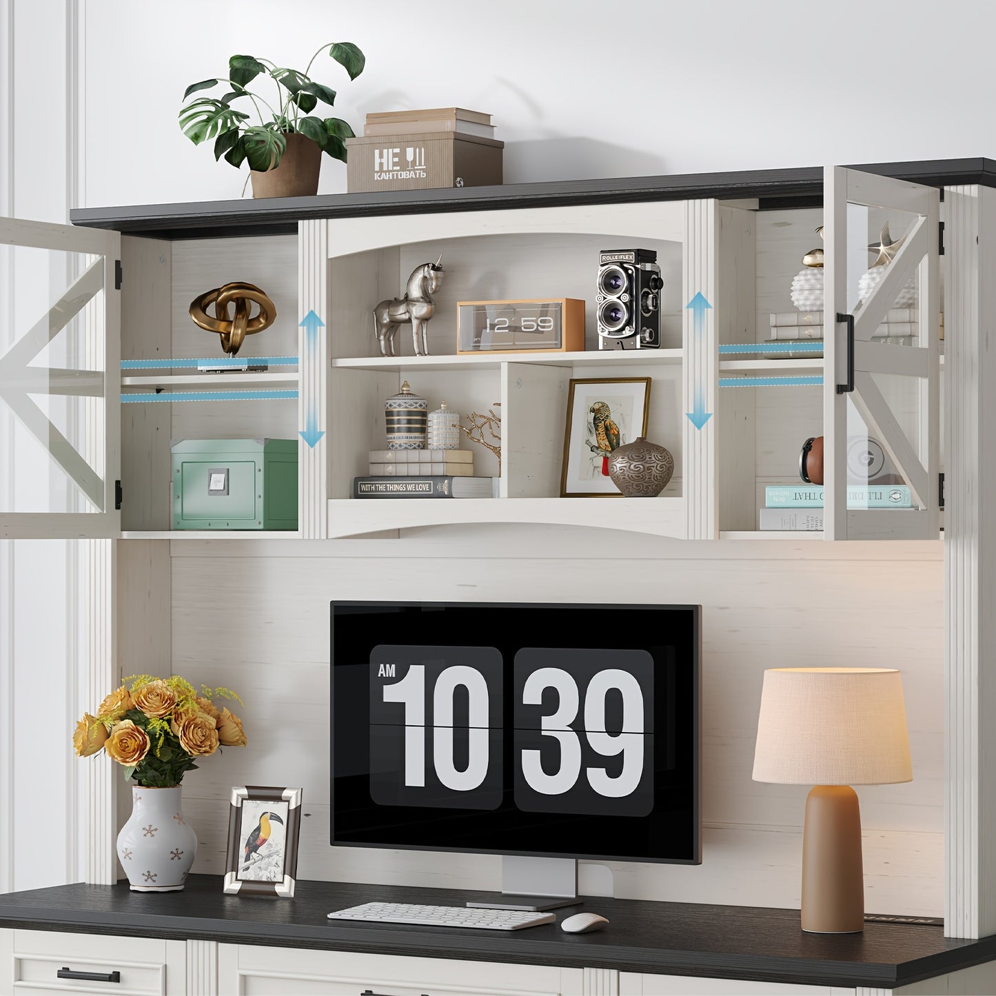 73-inch H Farmhouse Style Executive Desk with Bookshelves And Charging Station | Desk with 5 Drawers, Locker, And Cable Management System, Home Computer Workstation, Off White& Black