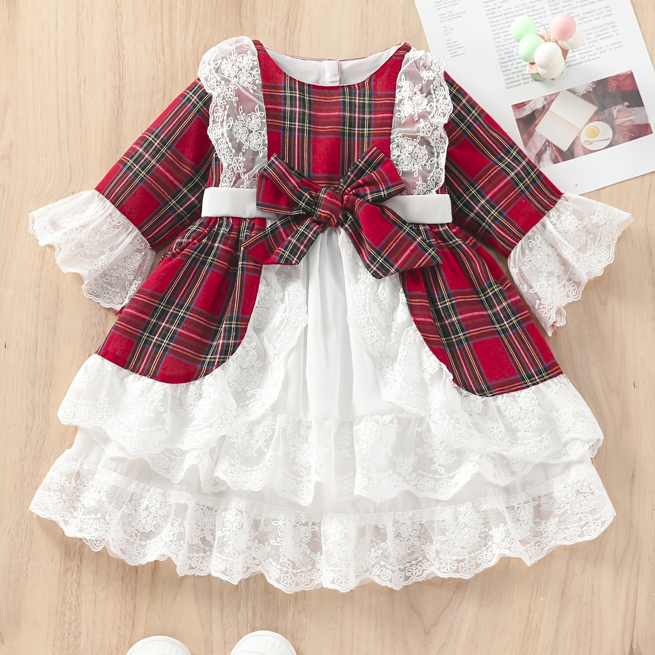 Red White Plaid Christmas Halloween Girls Dress with Full Lace Trim and Oversized Bow, Holiday Party Outfit