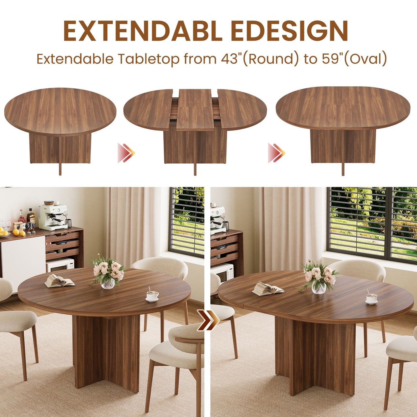 43.3-59 in Extendable Dining Table | Modern Black Round to Oval Design with Removable Leaves, Seats 4-8, Space-Saving for Kitchen and Living Room, Hardwood, GAOMON