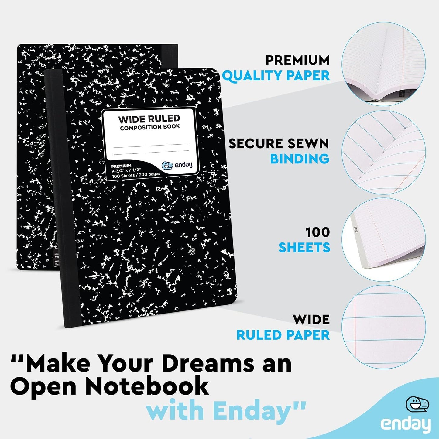 Enday Composition Notebook Wide Ruled (5 Pack) Hard Cover Marble Composition Notebook, 100 Sheets
