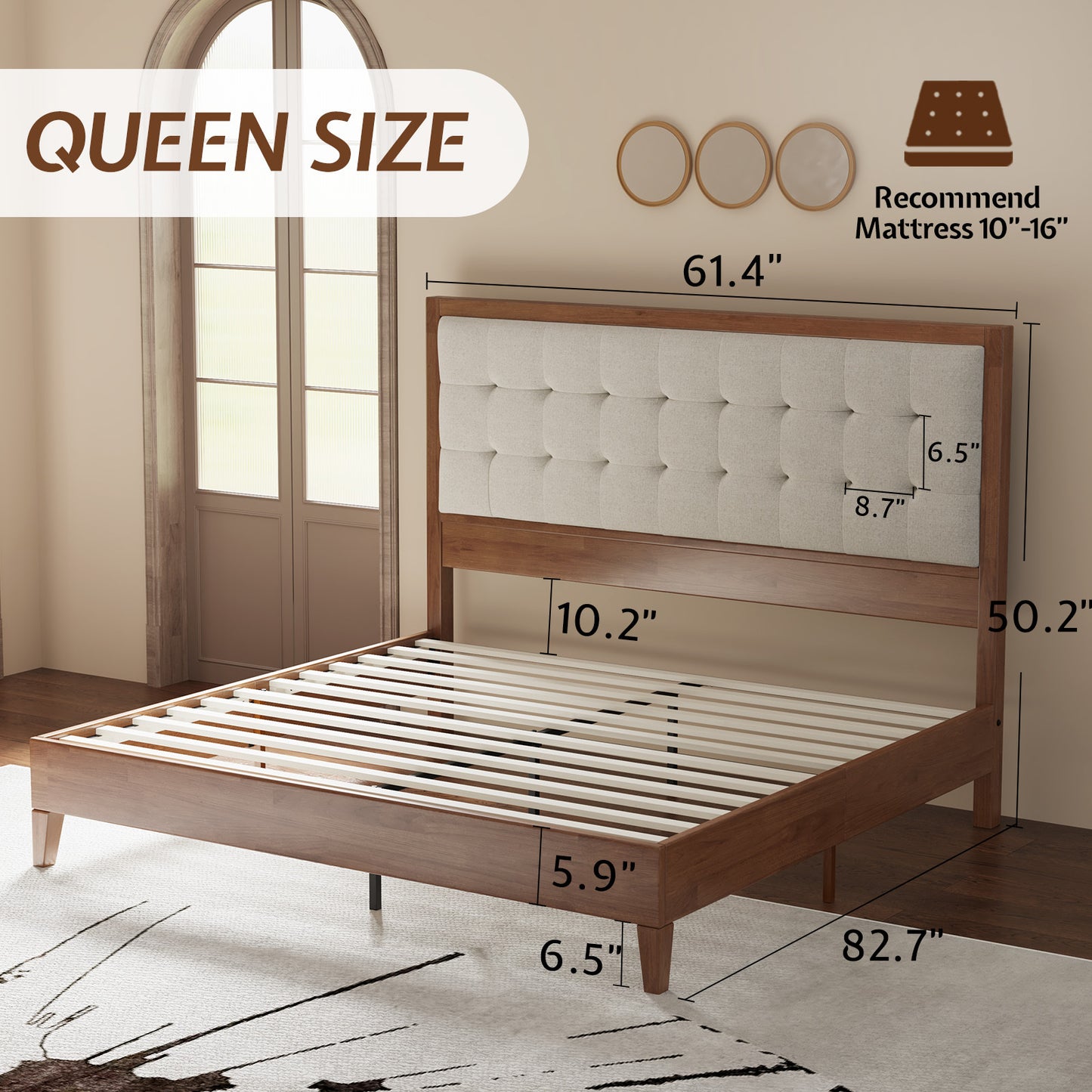 ALBOTT Wooden Bed Frame, High Upholstered Tufted Headboard, Sturdy Wood Platform, No Box Spring Required