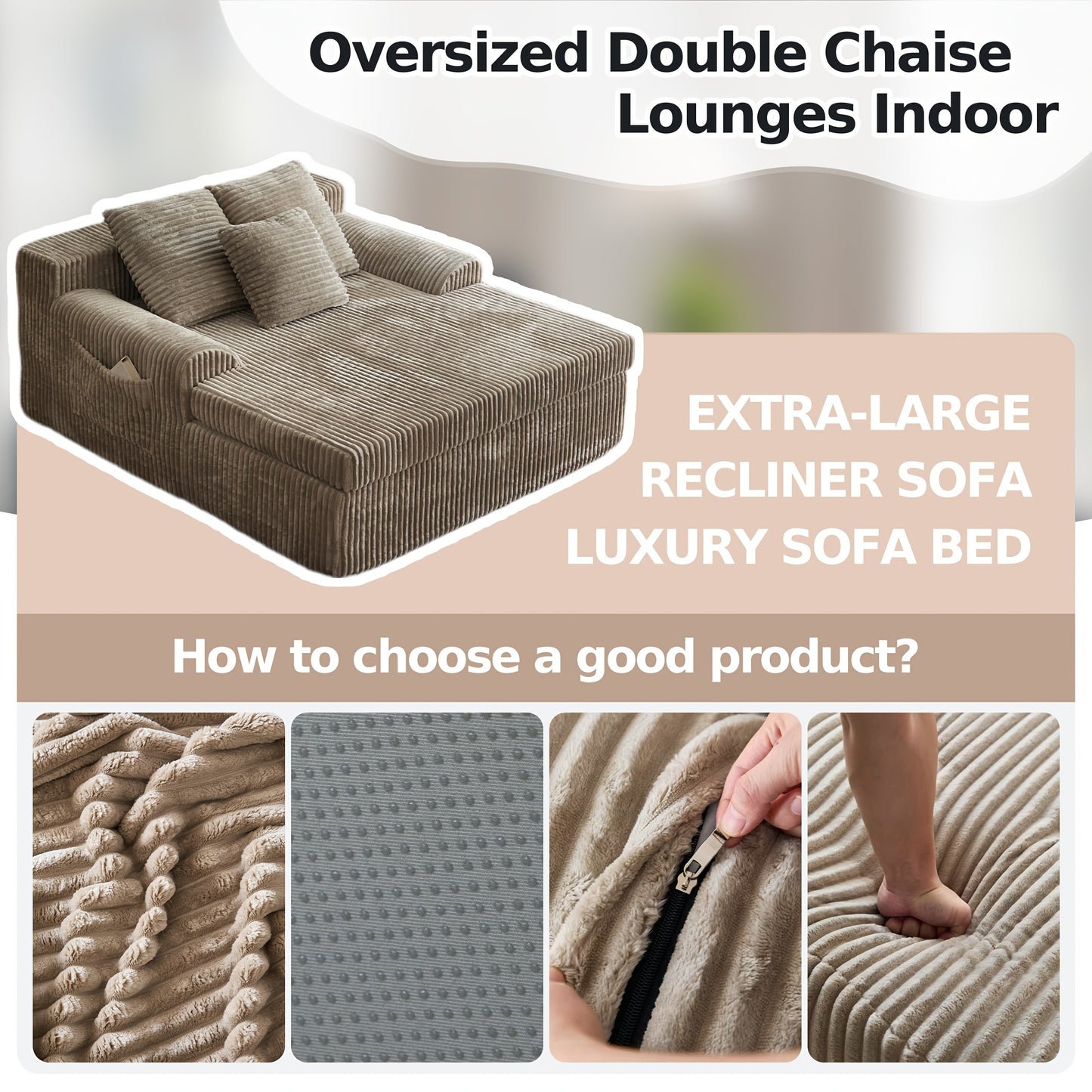 Chaise Lounge Chair Indoor, Corduroy Upholstered Deep Seat Sofa Couch, Cloud-Soft Boneless Lounger, Comfy Reading Chairs For Living Room & Bedroom, No Assembly Required