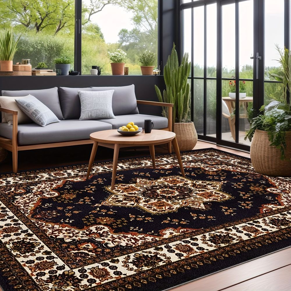 Large Luxury Ultra-Soft Washable Suitable for Bedroom & Dining Room - Non-Slip Low Pile Rug with Oriental Floral Pattern, Non-Shedding Backing, Machine Washable Suitable for Indoor, Spring Easter Rug, Retro Large