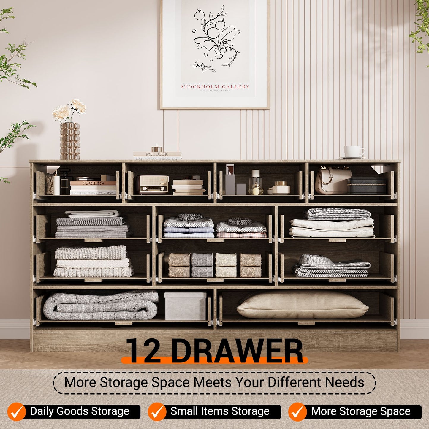 12-Drawer Chest of Drawers with Woven Rattan Design | 61.02x15.75x31.5 inch, Stylish and Spacious Hardwood Storage Cabinet for Home Room Decor, Christmas Decorations, Birthday Gifts for Women Men Friends, Contemporary Style b