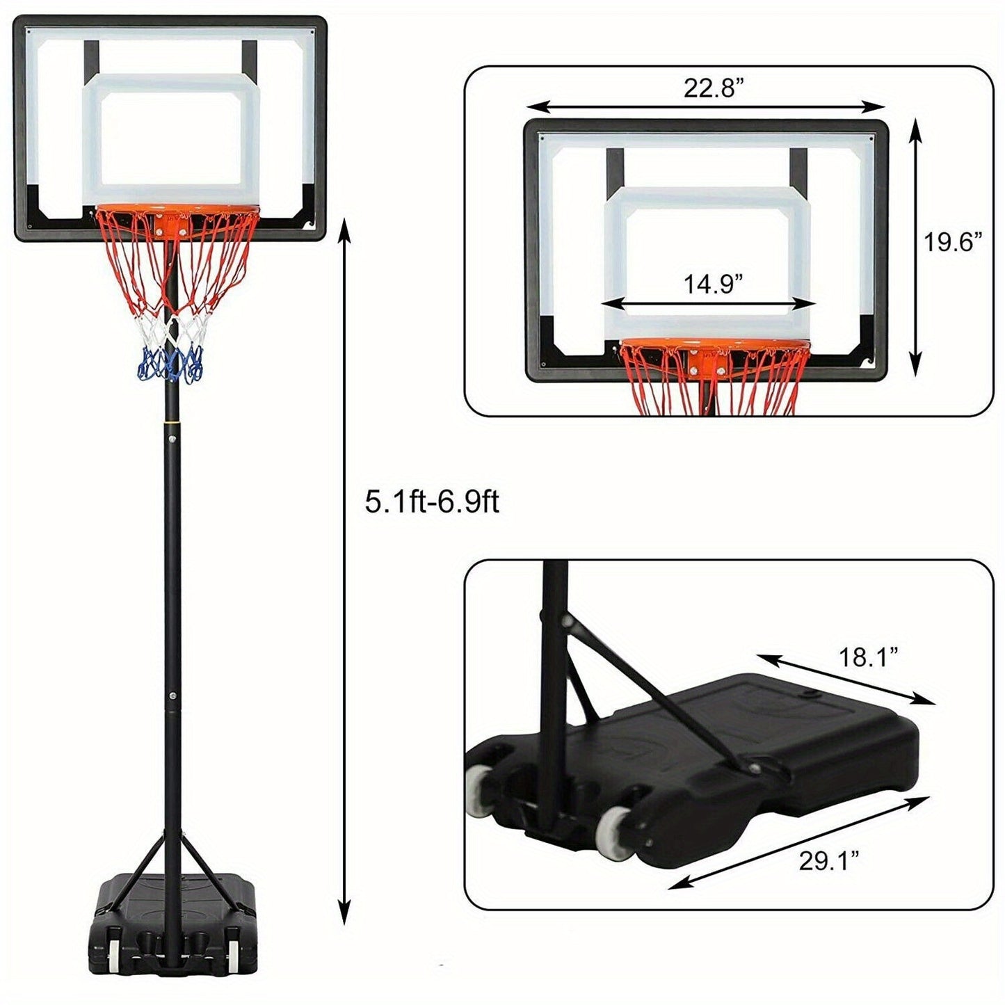 LUCKYERMORE Adjustable Portable Basketball Hoop for Family - 5ft-6.8ft Height, 32in Backboard, Heavy-Duty Steel & PVC, Water/Sand Stable Base with Wheels, Indoor/Outdoor Use, Black, Indoor Sports Equipment, Weatherresistant N