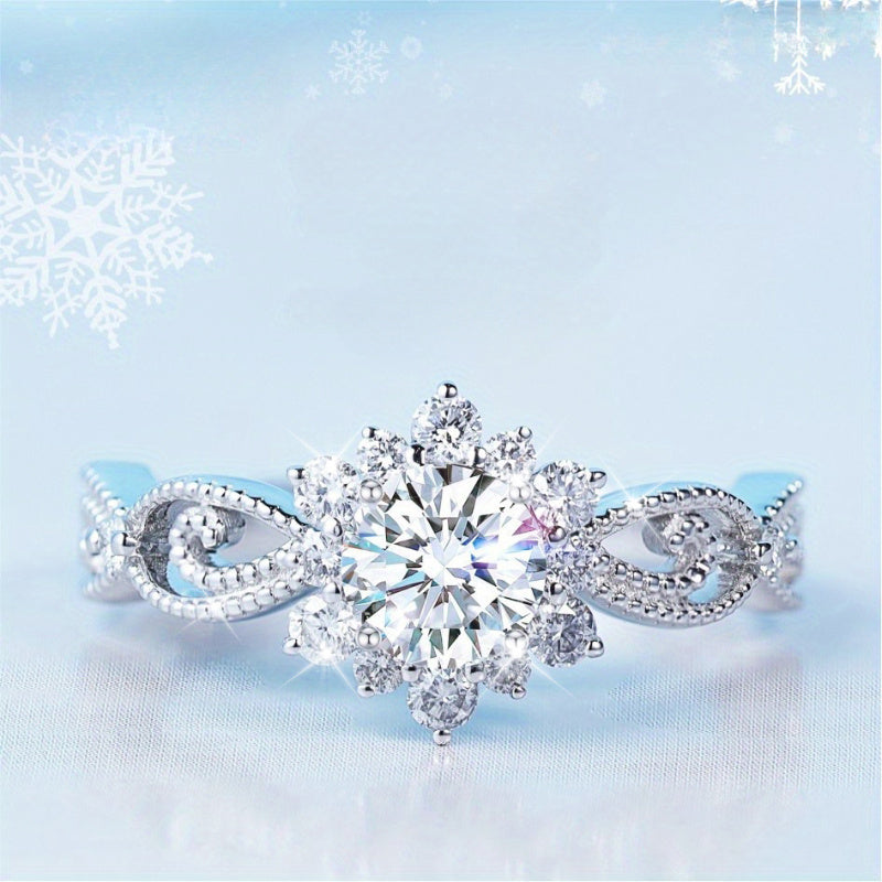 925 pure Silvery moissanite snowflake-shaped Women's fashion ring, dreamy luxury, elegant and generous, suitable for banquets, weddings, daily wear, vacation, dating, suitable for Thanksgiving, Christmas and Halloween gifts,