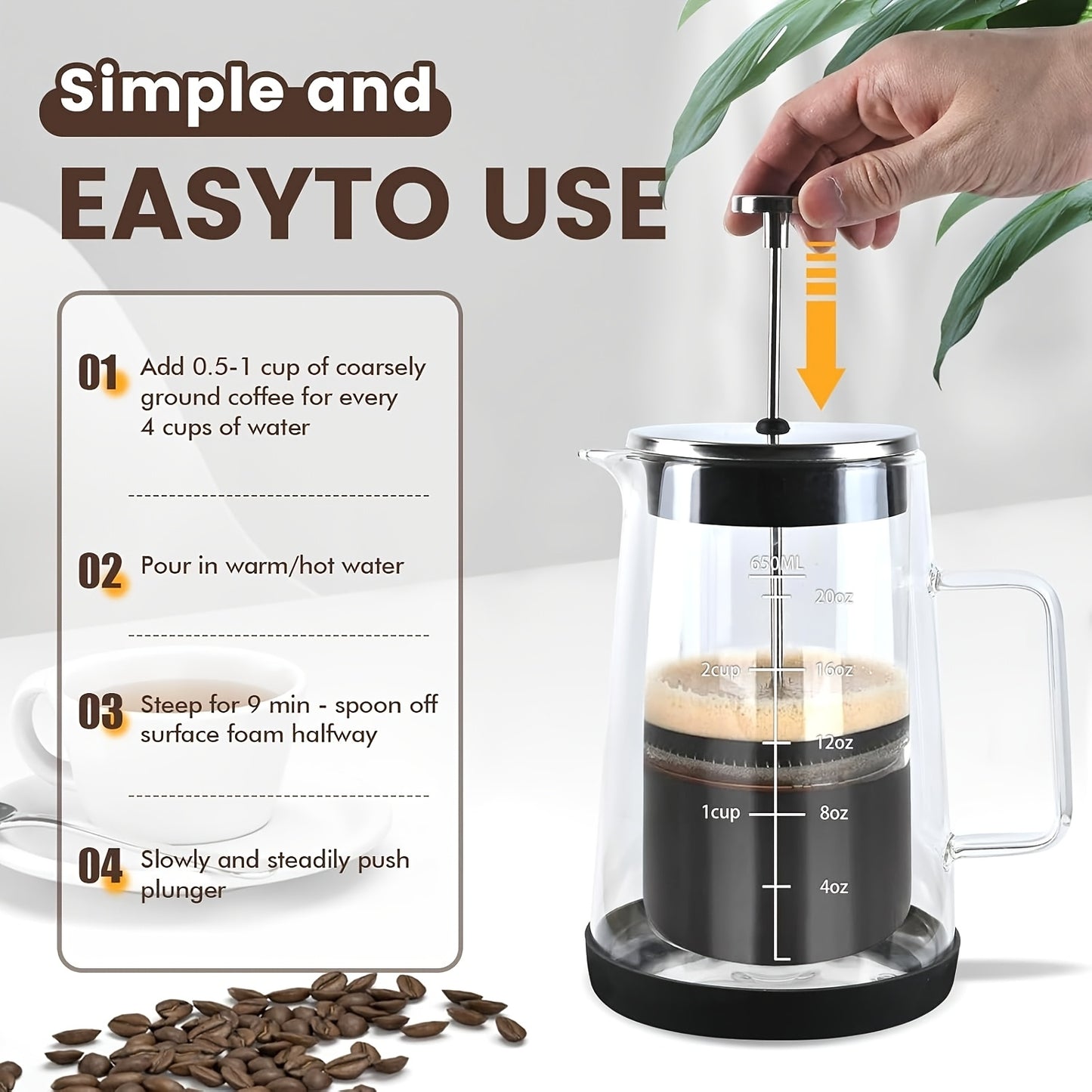 Glass Press, Easy to Clean Glass Press Coffee Maker, 22Oz/ 650Ml Coffee Press Glass, Borosilicate Press, Suitable For, Kitchen, Office., Home Brewing, Kitchen Appliance, Modern Coffee Maker, Stylish Press, Highquality Materia