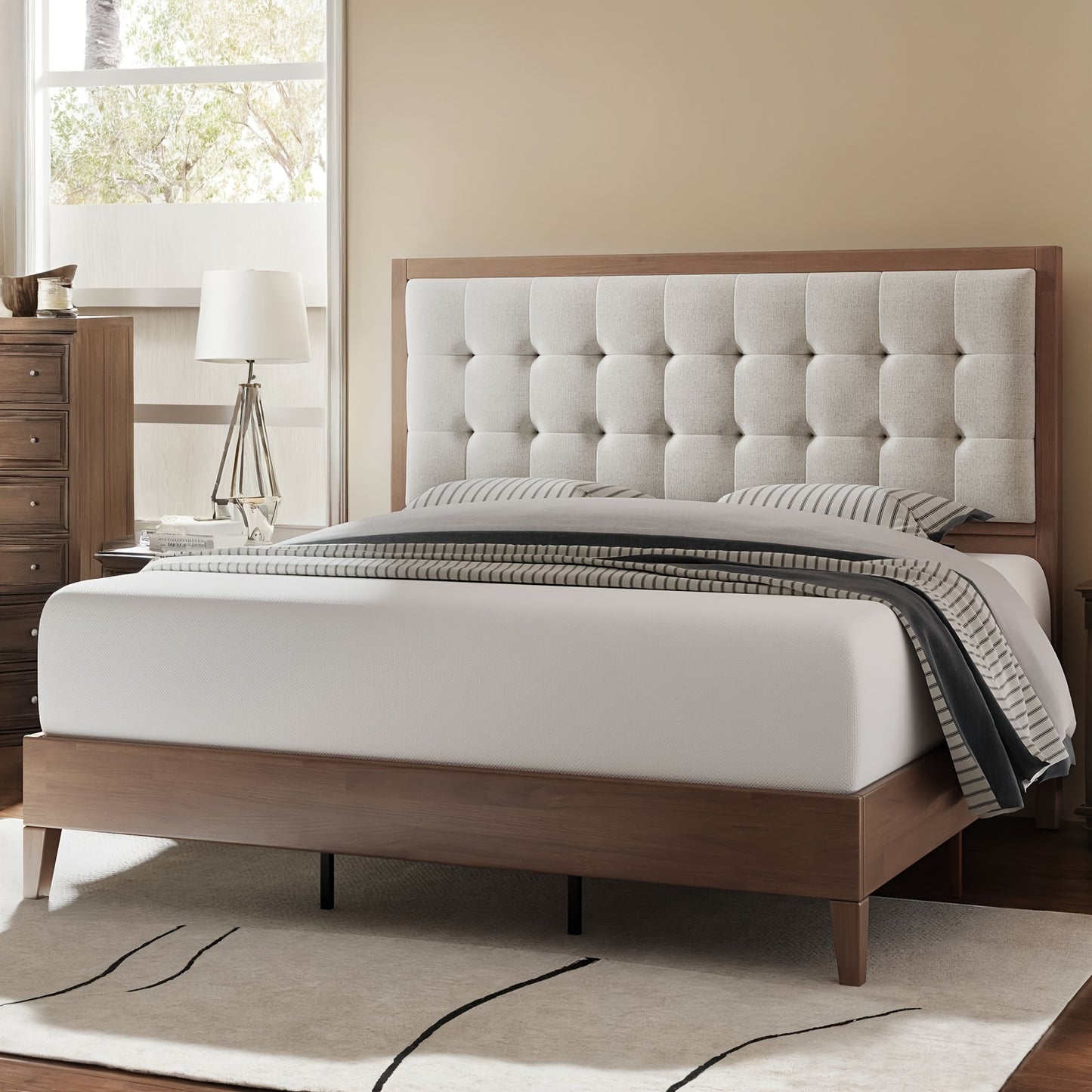 LUXOAK Wood Platform Bed with Upholstered Tufted Headboard, Box Spring-Free, Sturdy Solid Wood Frame