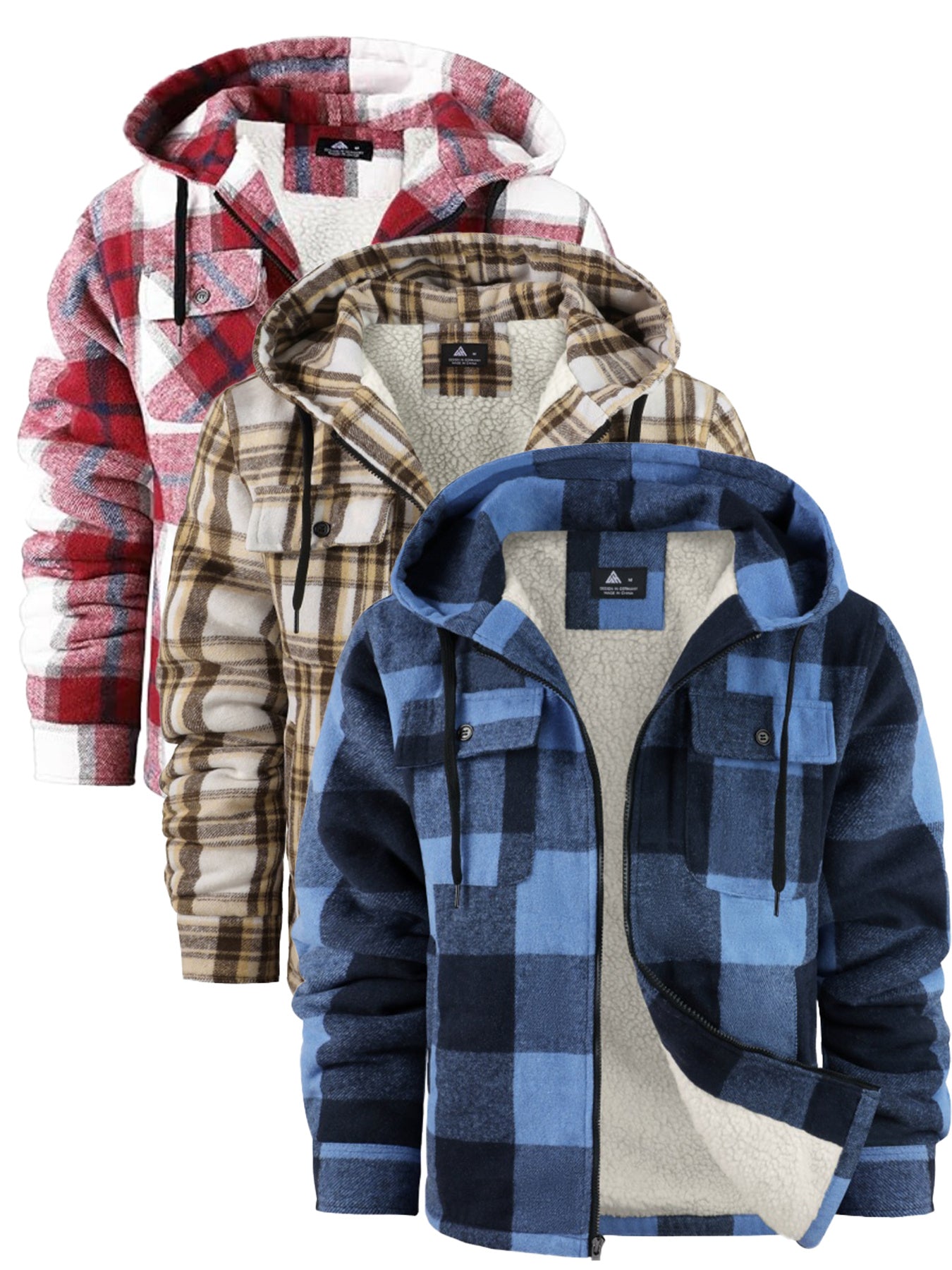 3pcs Sets Fashion Flannel Plaid Shirt Jacket for Men Sherpa Lined Zip Up Hoodies Shirts Jackets