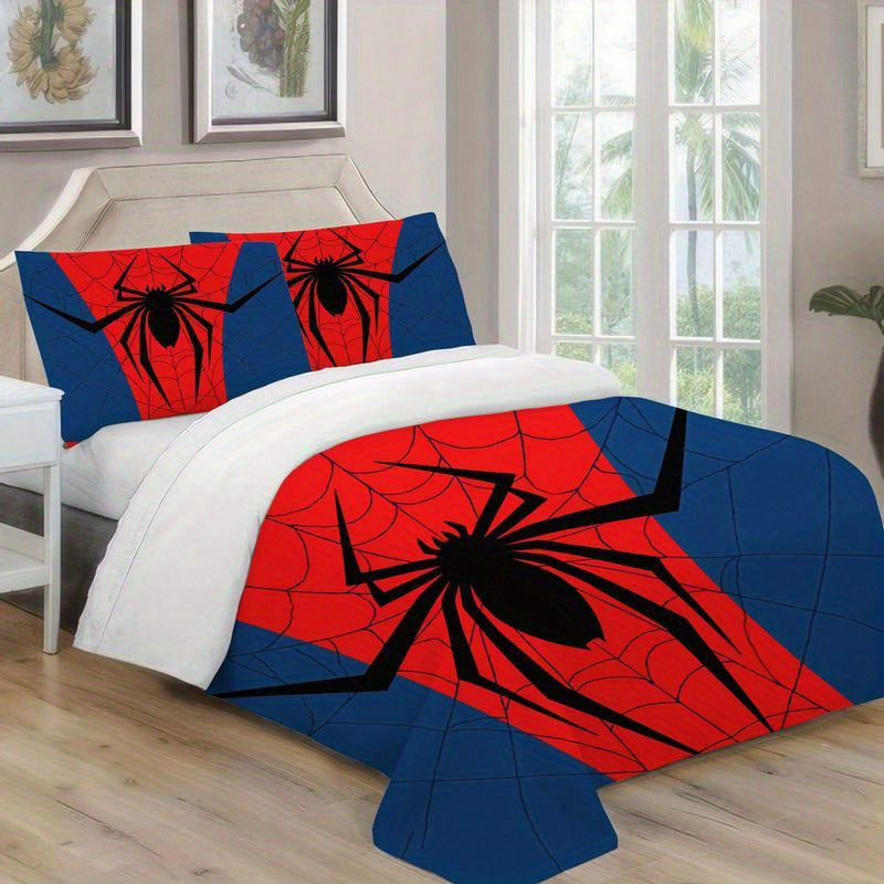 3pcs Spider Web Design Bedding Red Blue Duvet Cover, Trendy Modern Spidey Pattern Print Comforter, Cool Decorative Bedroom Collection Soft Microfiber Bed for Teen Room Home Decor 1 Duvet Cover+2 Pillowcases
