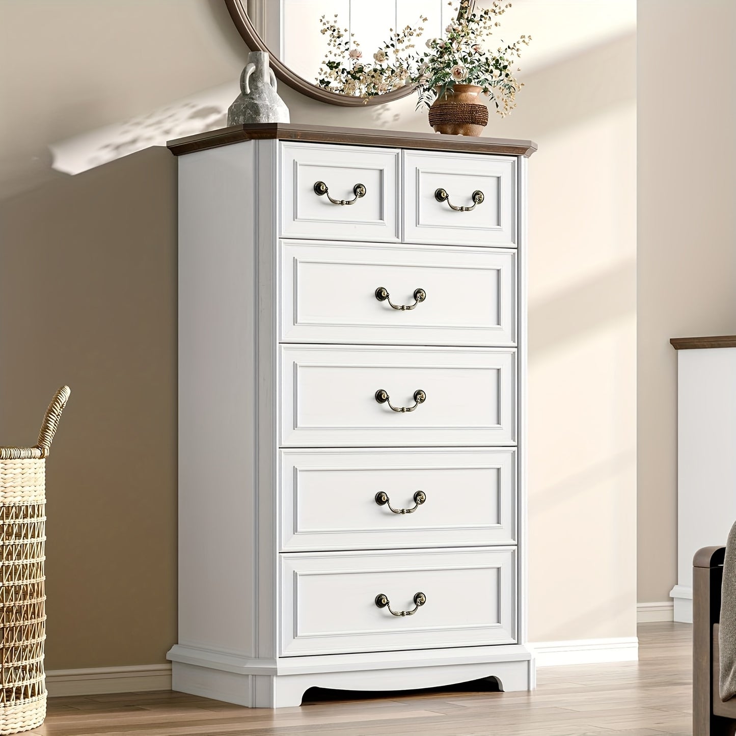 6-Drawer Vintage Dresser - Tall -Standing Chest of Drawers Suitable for Bedroom, Living Room, Hallway - & MDF, Space-Saving Vertical, Furniture Piece with Ample Organization Space