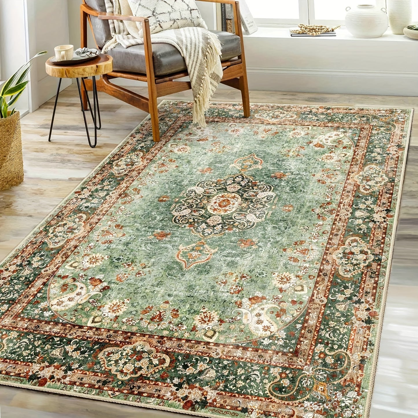 Large Living Room Carpet in Bohemian Style - Imitation Cashmere, Soft, And Washable Mat for Dining Rooms, with Anti-Slip Backing Suitable for Offices And Bedrooms. Ideal for Home Decoration, Including Green Bathroom Rugs
