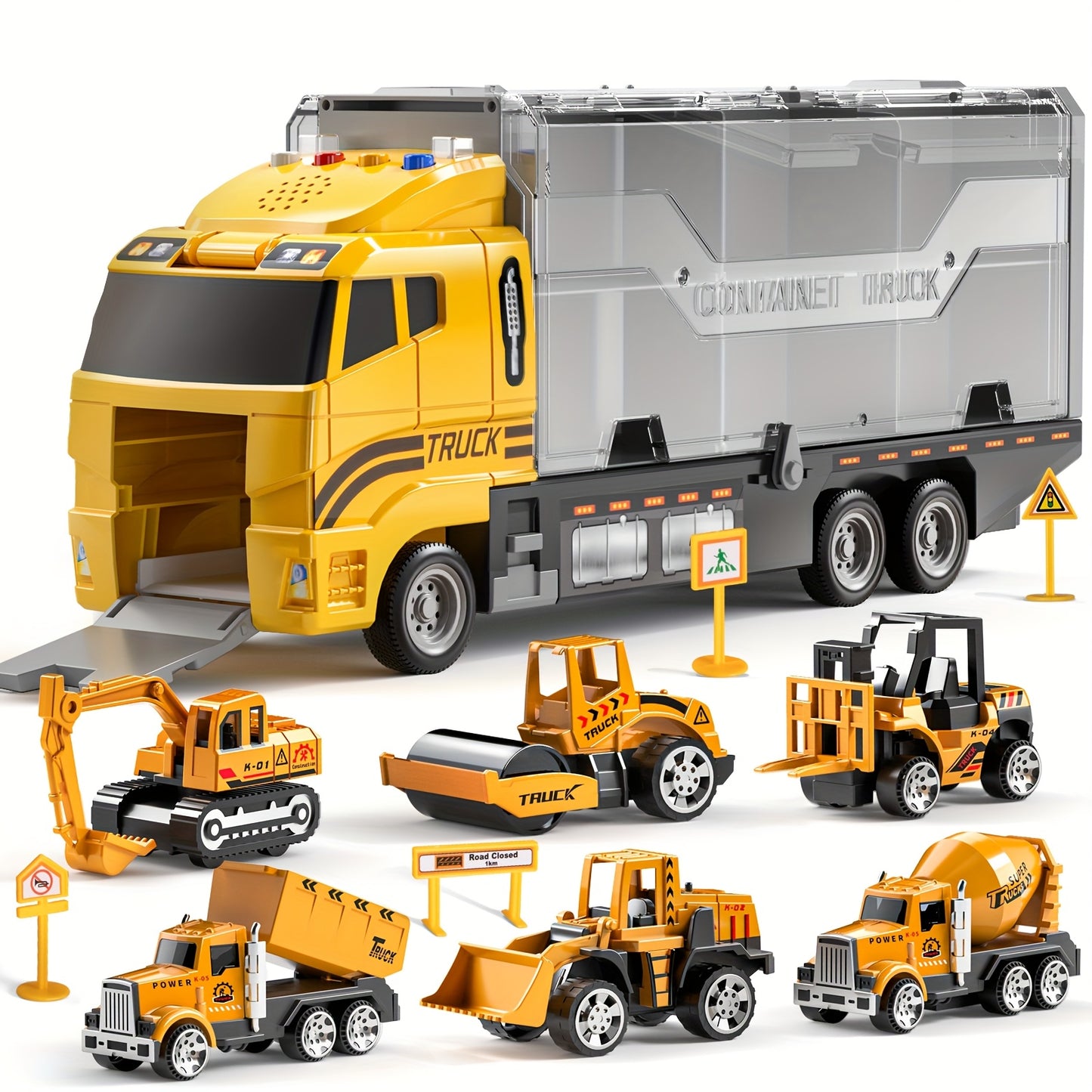 BABY HOME Die-cast 7-in-1 Construction Truck Toy for Aged 3-9 Kid Boys & Girls, Carrier Vehicle Toy Set with Play Mat,Christmas Birthday Gift