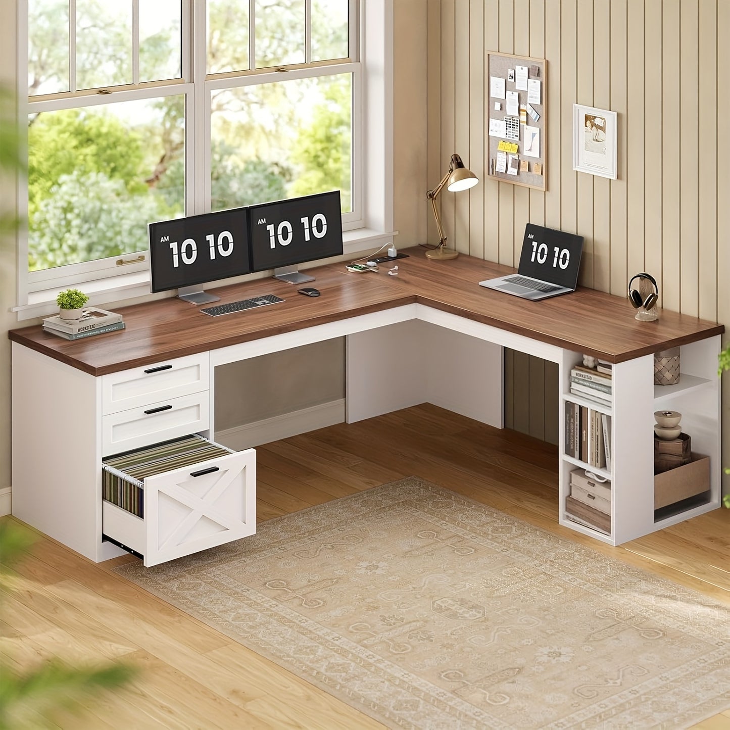 L-Shaped Desk for a Farmhouse Style, Featuring Ample Storage, a Spacious Computer Workspace with Power Outlets, Drawers, And Open Shelving, Designed for Corner Placement, with a White And Brown End
