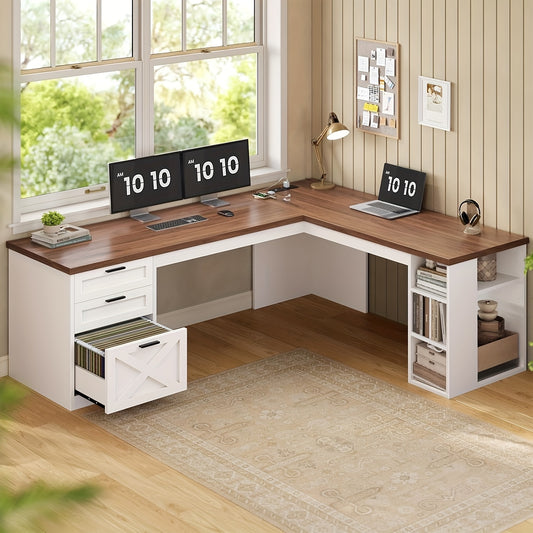 L-Shaped Desk for a Farmhouse Style, Featuring Ample Storage, a Spacious Computer Workspace with Power Outlets, Drawers, And Open Shelving, Designed for Corner Placement, with a White And Brown End