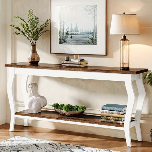 70.9 Inches Extra Long Sofa Table Behind Couch, Vintage Console Entry Table With 2-Tier Storage For Hallway, Entryway, Living Room, White & Brown