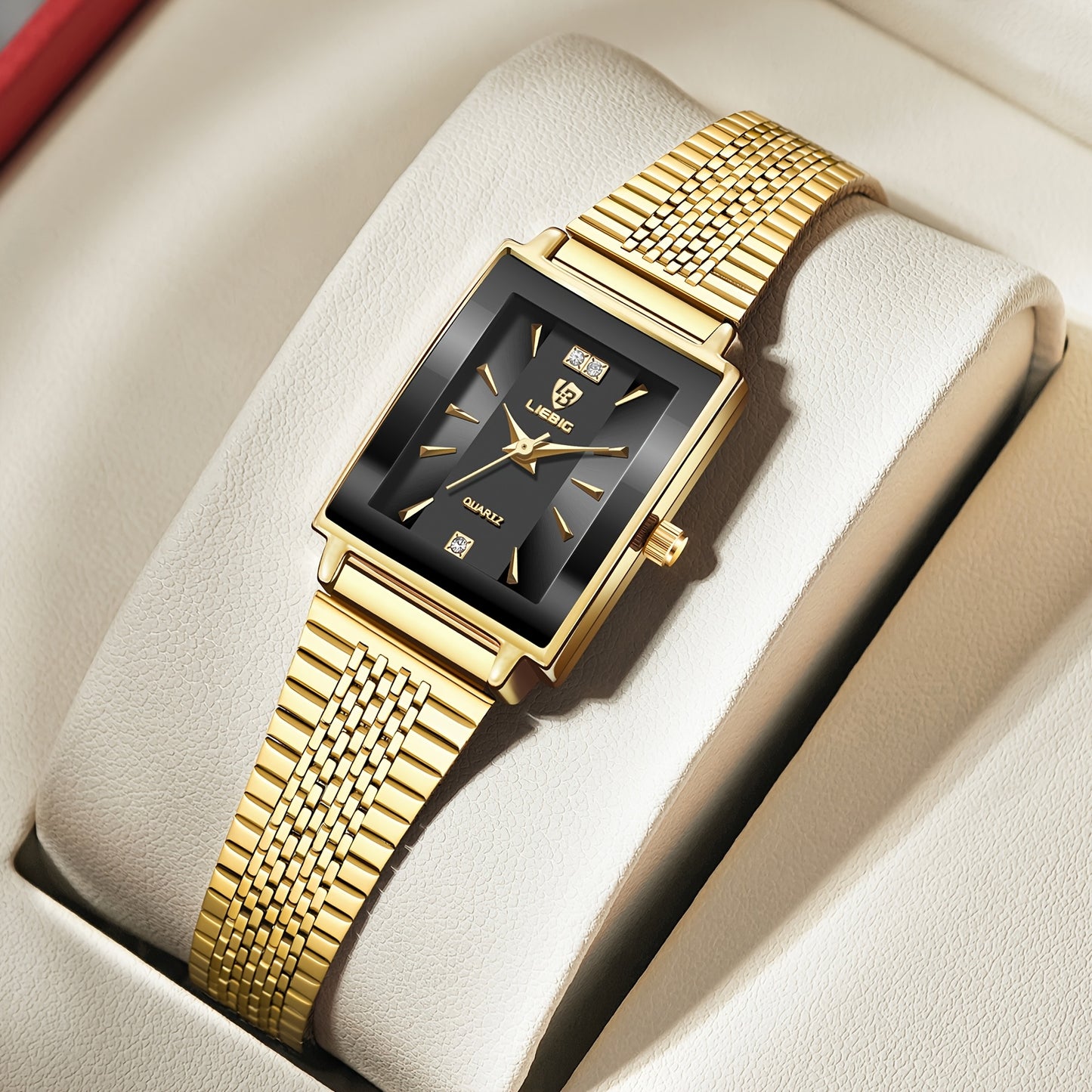LIEBIG Luxury Women's Watch - Elegant Square Black Dial with Golden Markers, Adjustable Stainless Steel Band, Night Light & Quartz Movement, Perfect for Office & Special Occasions (Birthday/Anniversary Gift), Formal Accessory