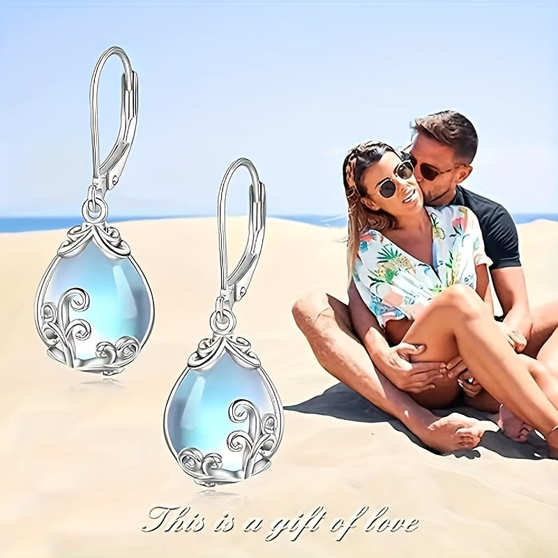 1 Pair of Exquisite 925 Sterling Silvery Flower Pendant Earrings Inlaid with Moonstones - Elegant Women's Jewelry for Engagements, Weddings, and Dinners - Luxurious and Ideal Decorative Gifts