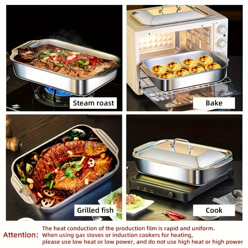 4pcs Set of 2 Deep Dishes and 2 Handle-Lid Stainless Steel Rectangular Baking Pans with Metal Lids - 6L Capacity, 16.14-Inch Deep Roasting Pan Fish Grill Tray Lasagna Dish, Dishwasher Safe, Men's Gift for Father’s Day, Best