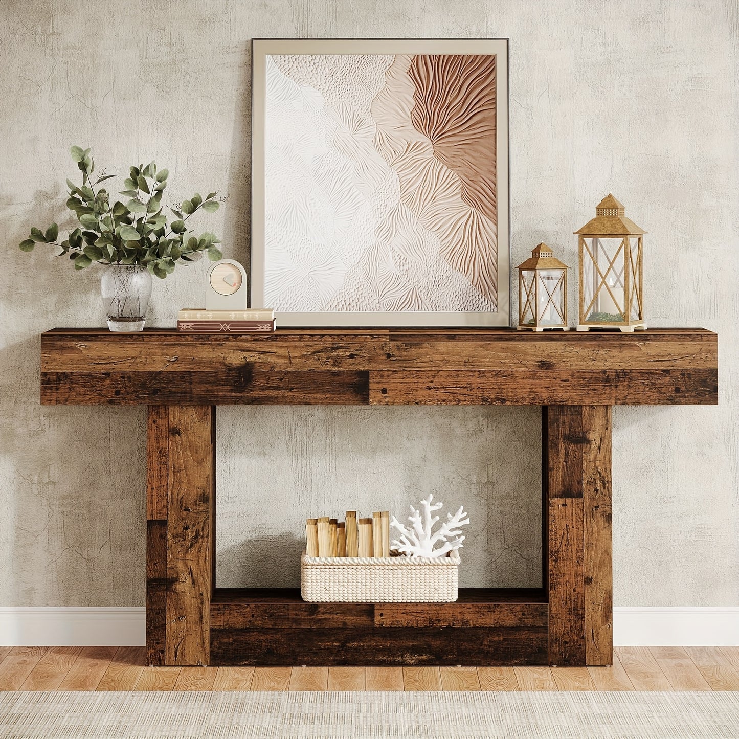 63-Inch Long Console Table, 2-Tier Entryway Table Sofa Table with Storage, Farmhouse Wood Behind Couch Table for Living Room, Hallway, Rustic Mixed Brown