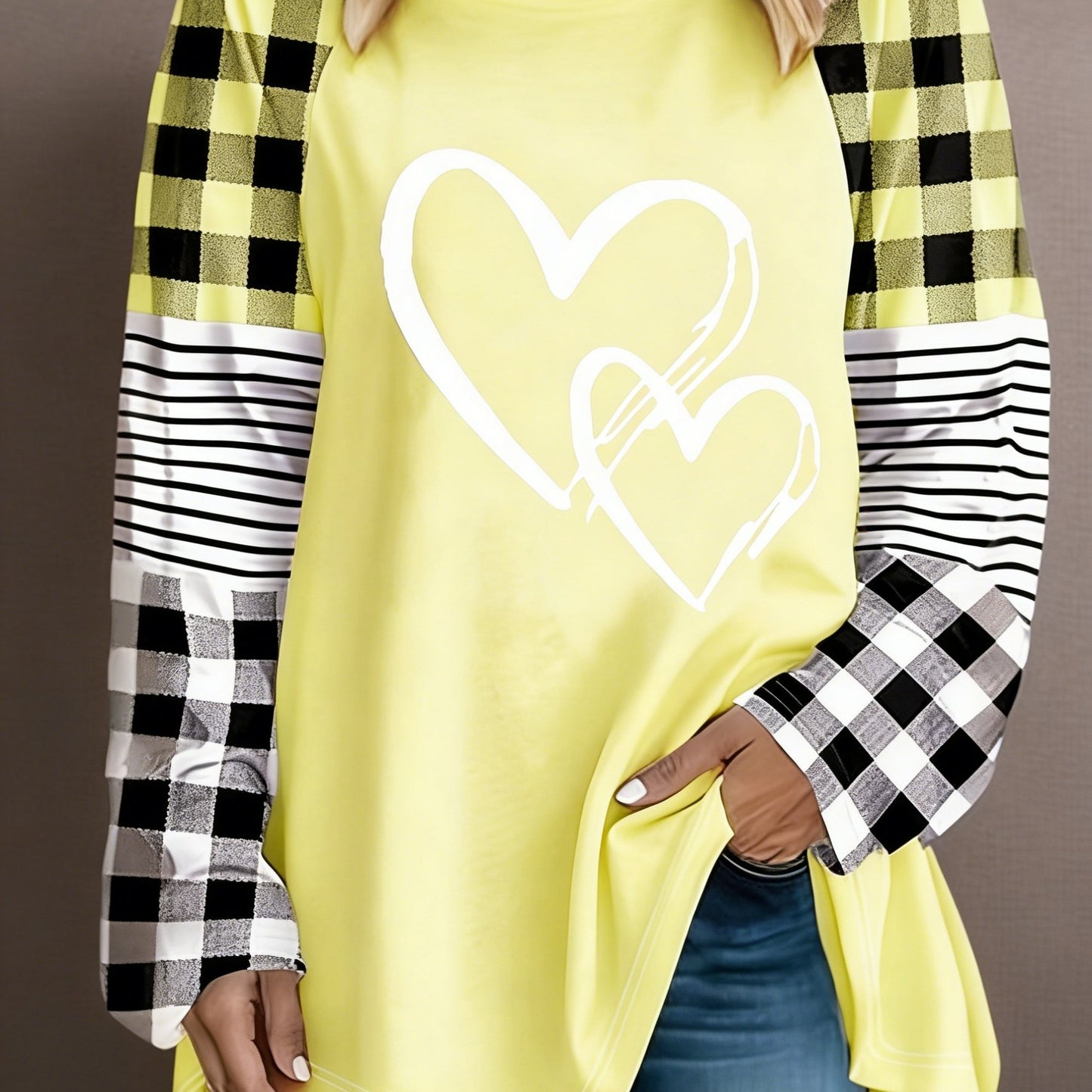 Plus Size - Plus Size - A Women'S Casual Long-Sleeve T-Shirt Featuring a Heart-Shaped Design, Made from Fabric, with a Round Neck Style, Part of The Autumn And Winter Collection, Available in Large Loose Sizes from 0XL to 9XL
