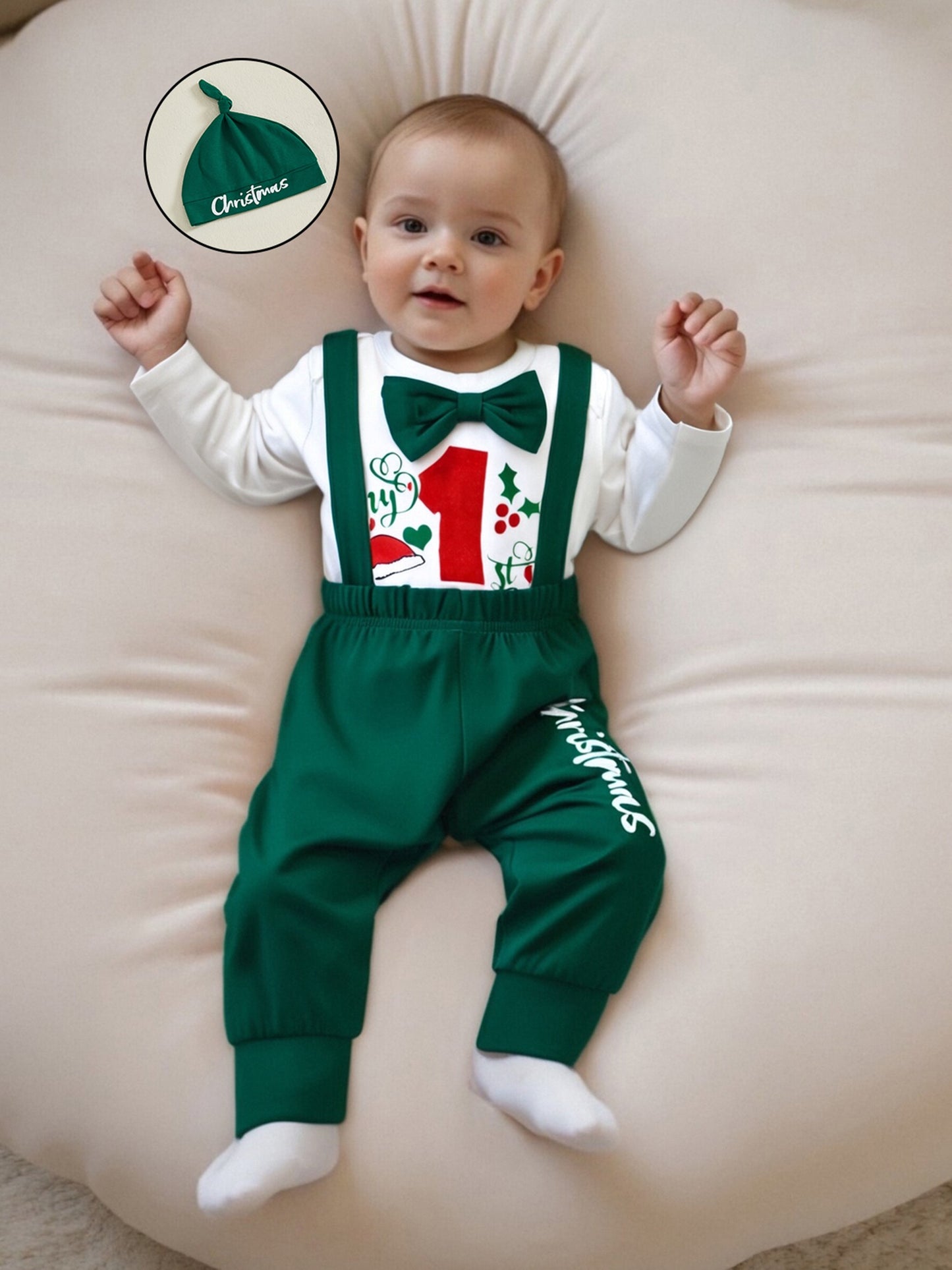 Newborn Baby Boy Fall Winter Christmas Letter Long Sleeve Round Neck Romper Elastic Waist Overall Pants with Hat Outfits, Perfect for Outdoor