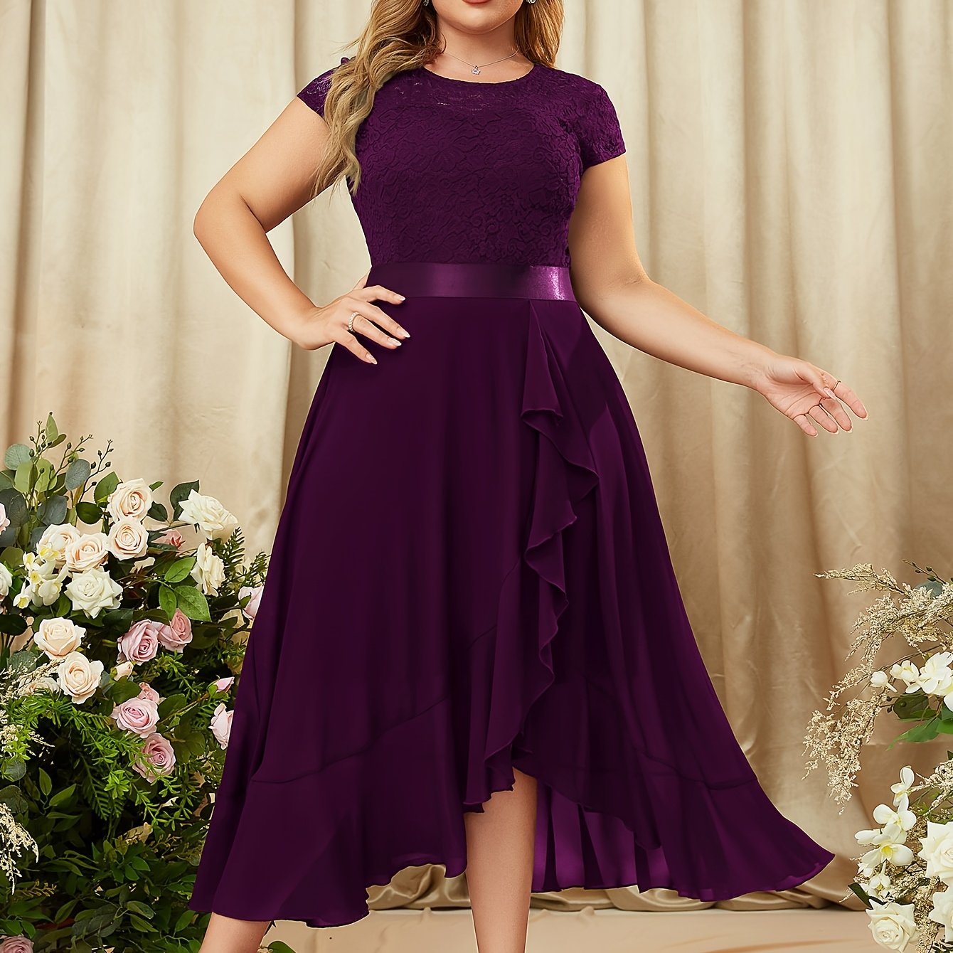 Plus Size, Women's Elegant Plus Size Bridesmaid Dress - Floor-Length Formal wedding gown with Ruffled Hem, A-Line Maxi dress in Deep Purple/, Machine Washable Chiffon for Prom, Evening Parties, Bridal Party - Structured Fit &