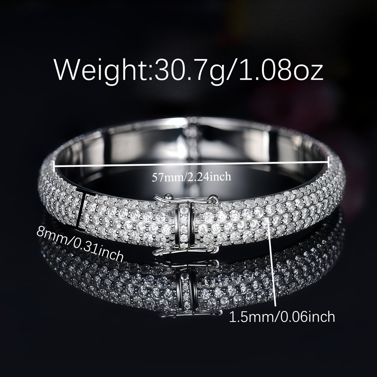 57Mm*8Mm Moissanite Hip-Hop Bracelet, Made of S925 Silver Weighing 0.23 oz, a High-Quality Luxurious Bracelet, a Trendy Fashion Item Suitable for Daily Wear Or Music Festivals, a Perfect Gift for Christmas Or Halloween, Comes