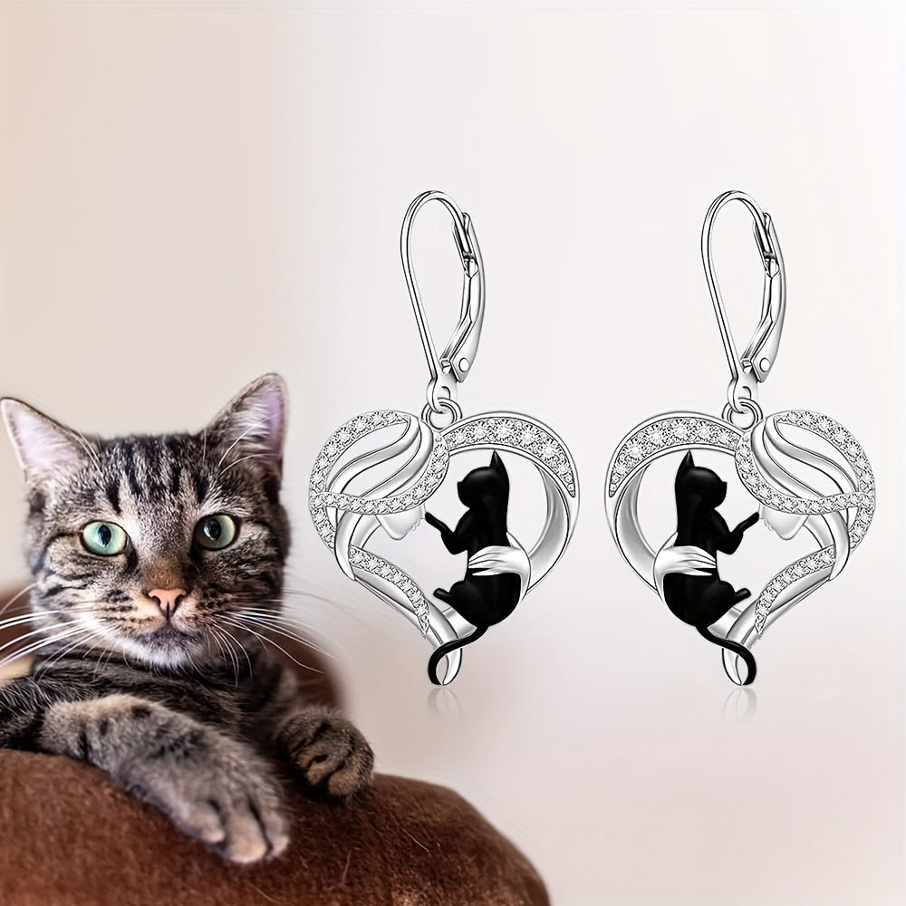 Black Cat Earrings for Women Cat Sterling Silvery Earrings Dangle Leverback Halloween Christmas Jewelry Cute Cats Gifts, Holiday Jewelry, Dangle Design, Bohemian Style, Synthetic Stone, Lightweight Earrings, Drop Earrings, St