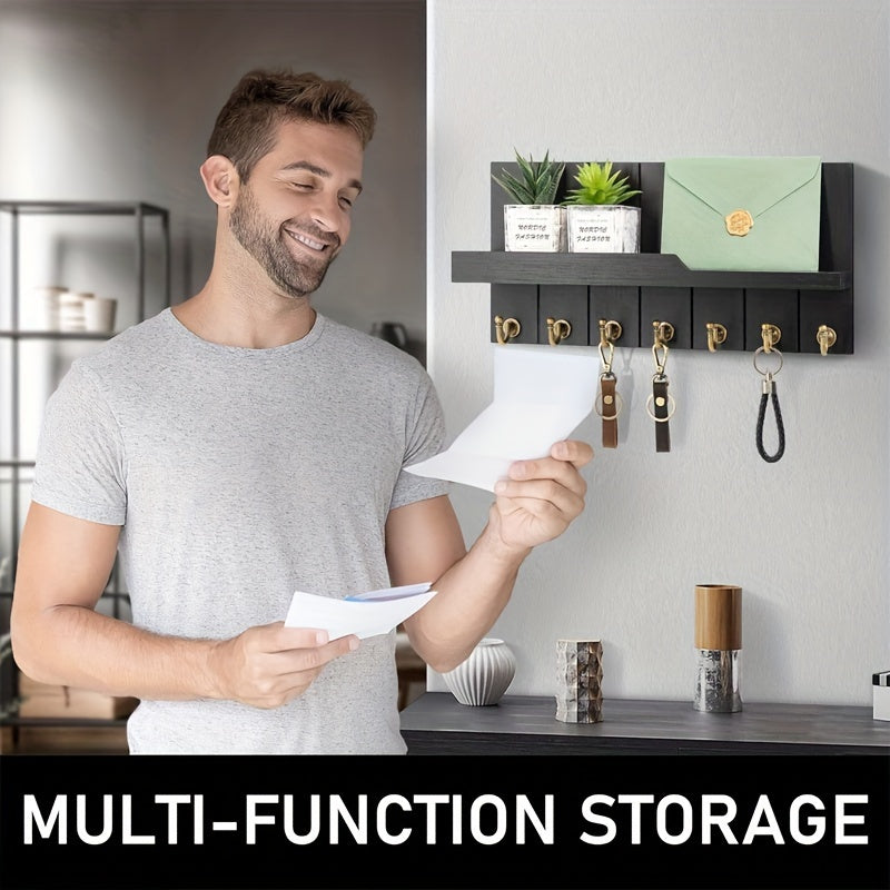 A Easy Wooden Wall-Mounted Shelf with 7 Hooks, a Floating Storage Organizer, Key And Mail Holder, Minimalist Design, Suitable for Home Living Rooms, Bedrooms, And Bathrooms, Easy to Install