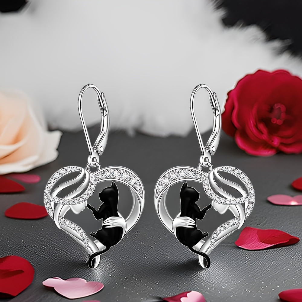 Black Cat Earrings for Women Cat Sterling Silvery Earrings Dangle Leverback Halloween Christmas Jewelry Cute Cats Gifts, Holiday Jewelry, Dangle Design, Bohemian Style, Synthetic Stone, Lightweight Earrings, Drop Earrings, St