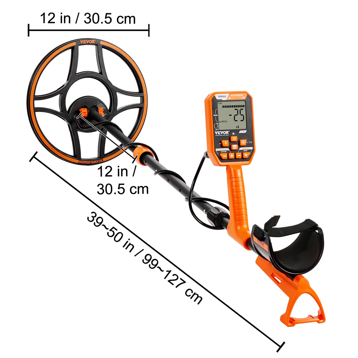 VEVOR Metal Detector, 12" Coil, Professional Rechargeable Gold Detector, 39-50 in Adjustable with LCD 7 Modes Advanced DSP Chip Bluetooth Headset, Detecting Gold Treasure Hunting