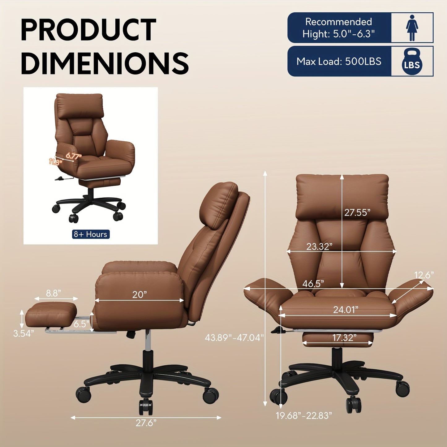 Ergonomic Big & Tall Executive Office Chair with Foot Rest - Wide Seat PU Swivel Chair, Adjustable Height Headrest & Armrests, / - Compatible for Office, Gaming Desk Chair