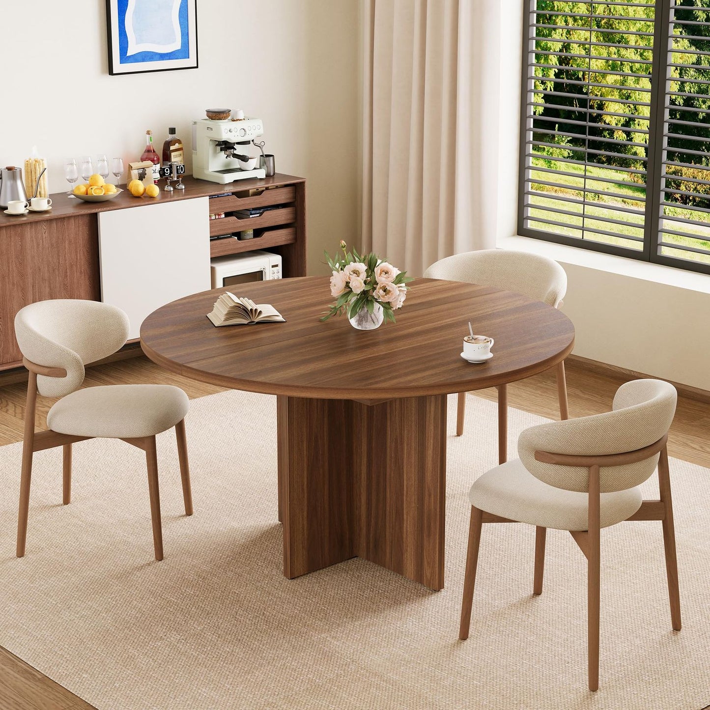 43.3-59 in Extendable Dining Table | Modern Black Round to Oval Design with Removable Leaves, Seats 4-8, Space-Saving for Kitchen and Living Room, Hardwood, GAOMON