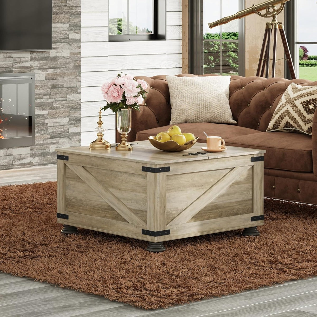 Farmhouse End Tables, 31.5" Square Wood Center End Table with Flip-Top Lids And Large Hidden Storage Compartment Accent Furniture for Dining Room