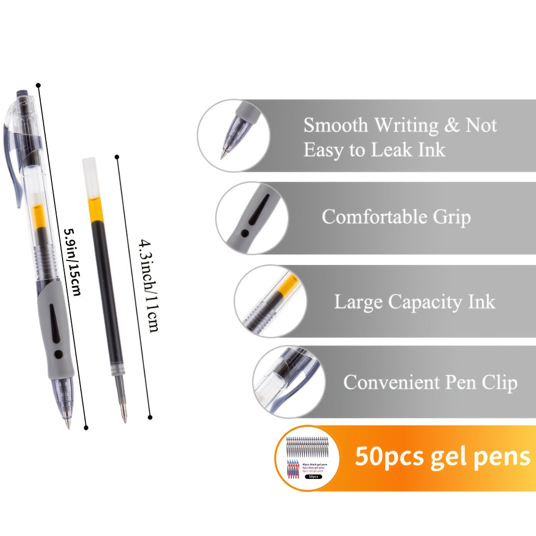 50pcs Retractable Gel Pens, 0.7mm Black, Blue And Red Gel Pens, Retractable Gel Ink Round Ballpoint Pens, 40 Black + 5 Blue + 5 Red Gel Pens, Office, School And Home Writing Office Holiday Gifts