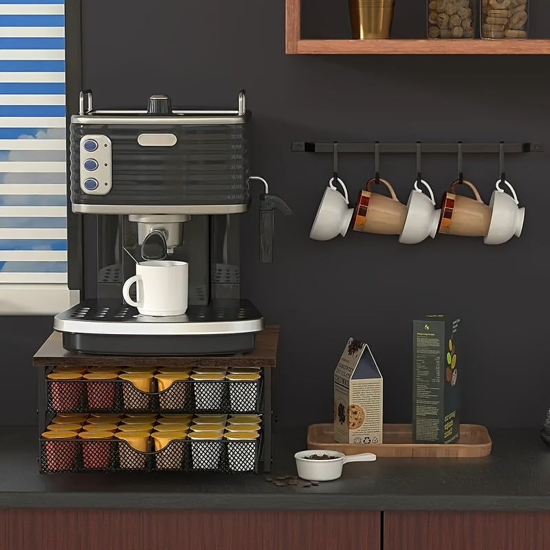 Coffee racks，Black Wood and Iron K-Cup Holder with Double Storage Drawers, Coffee Station Organizer for Capsule Boxes