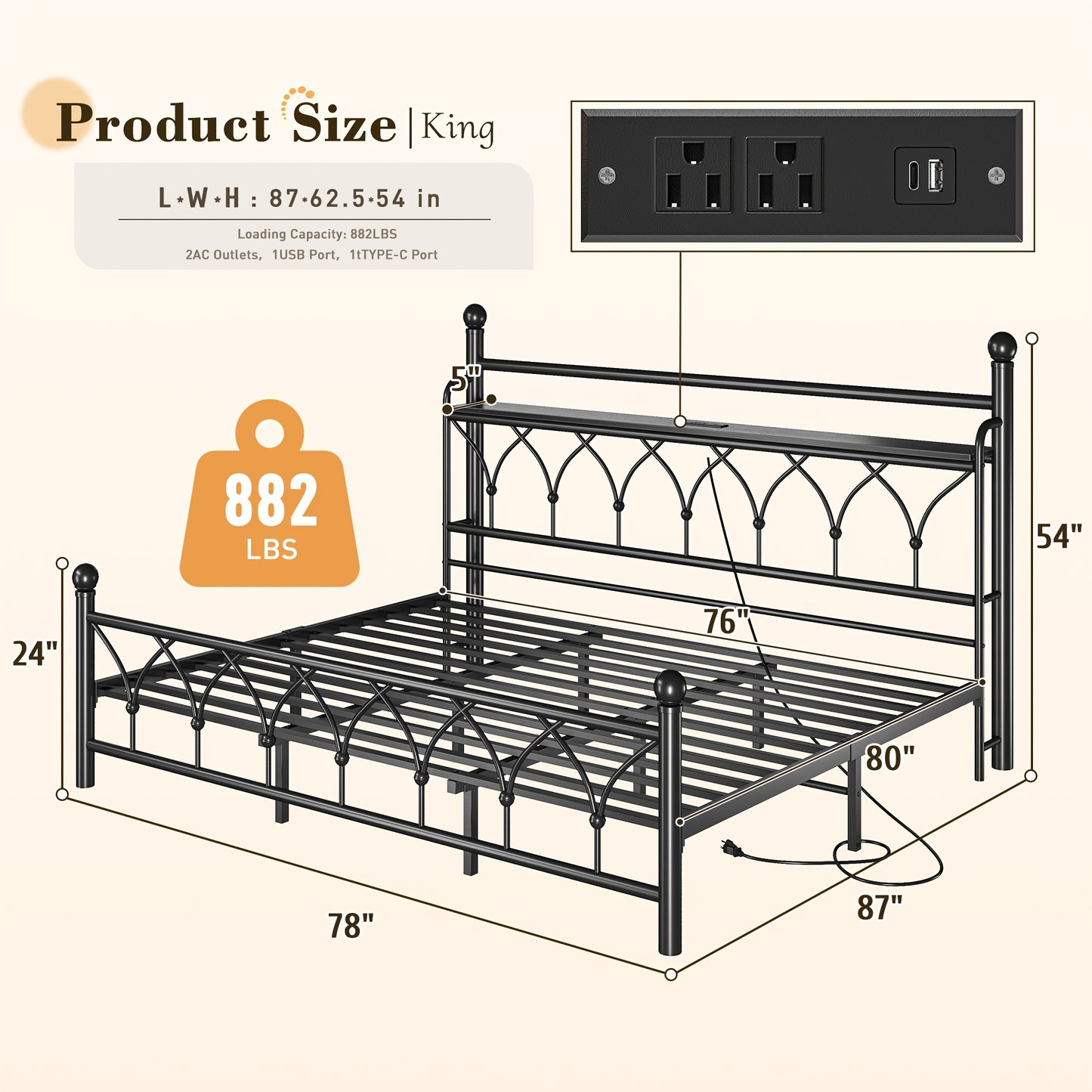 Metal Bed Frame With LED Lights, Twin/Full/Queen/King Size Bed Frame With Headboard, Heavy Duty Sturdy Mattress Foundation With Storage Space, Strong Metal Slats Support, Noise Free, No Box Spring Needed, Black