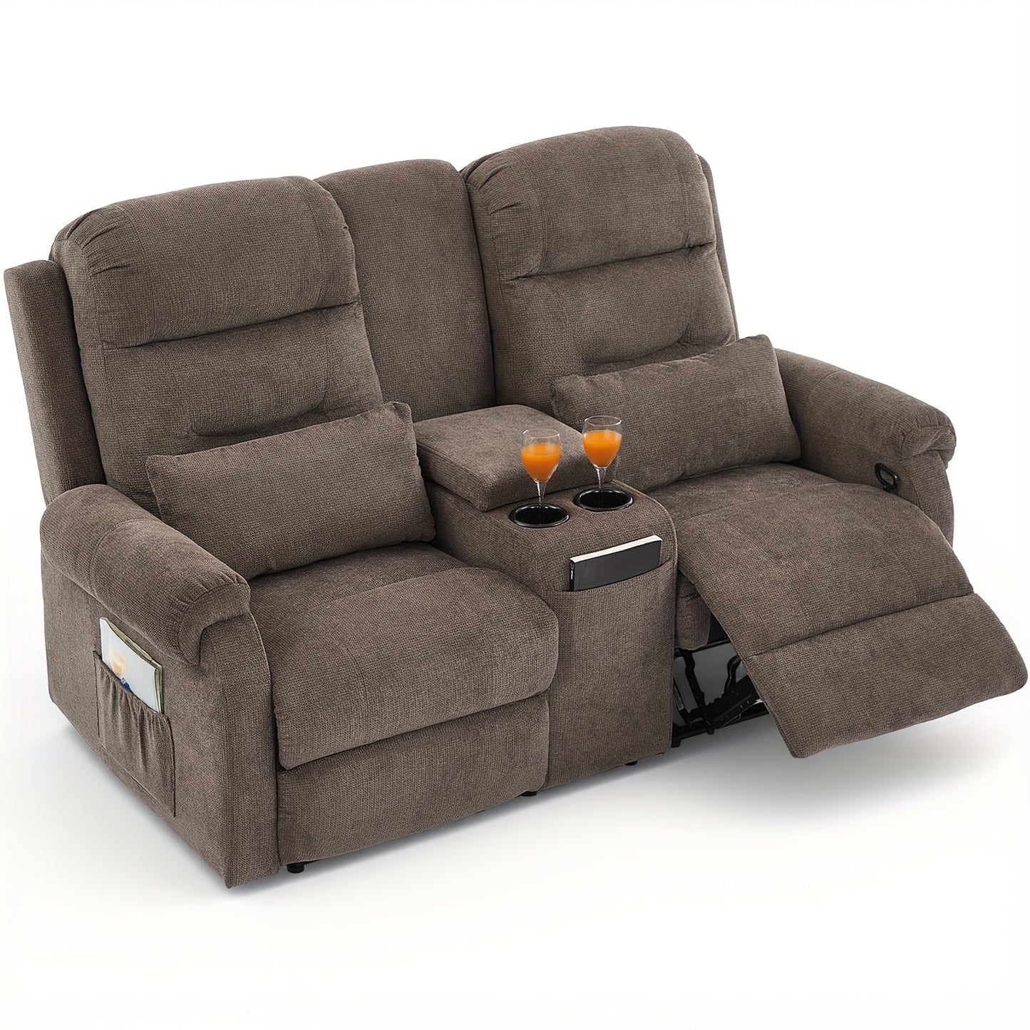Manual RV Loveseat Recliner | Brown Velvet Cushion-back Sofa with Console, Cup Holders, Pockets for Living Room and Home Theater Seating, Metal Frame, Contemporary Style by VUYUYU