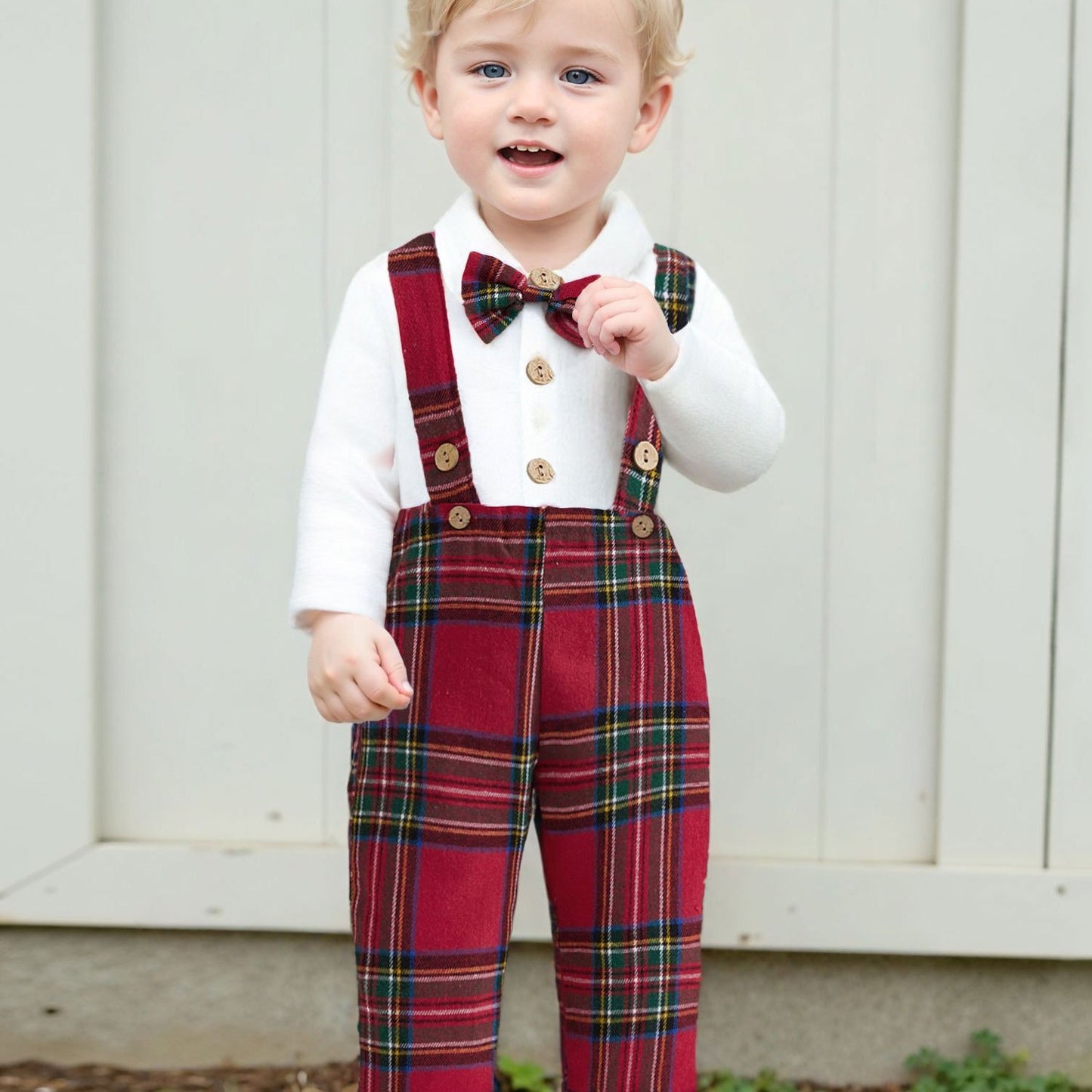 Baby Boy Gentleman Outfit Solid Long Sleeve Lapel Neck Romper with Plaid Suspender Pants and Bow Tie 3pcs Set, for Outdoor