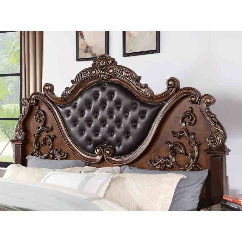 Luxurious Brown Cherry Traditional Queen Size Bed Tufted Leatherette HB FB 1pc Bed Bedroom Furniture Wooden