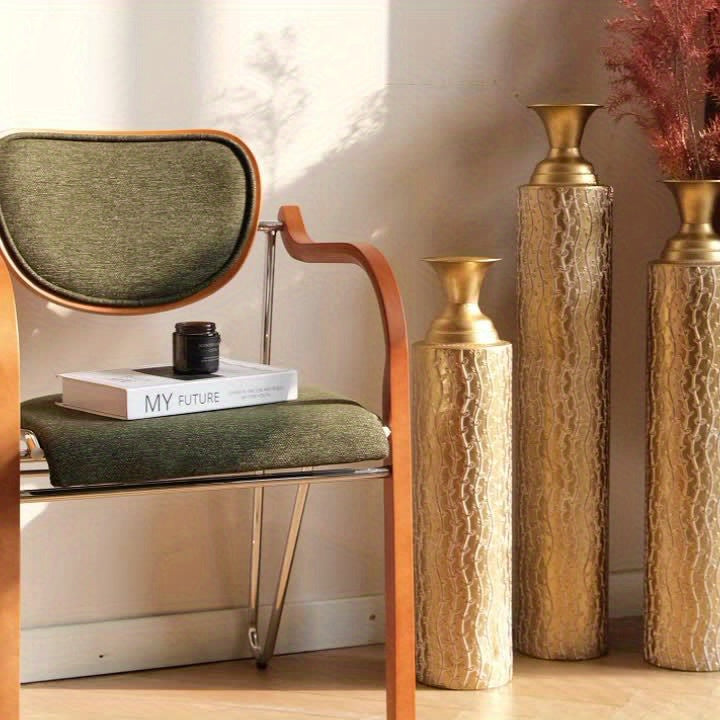 Metal Decorative Vases High Distress Metal Center Vases With Growing Vine Patterns, Set Of 3 Vases For Home Decoration 34 ", 29 ", 25 "H, Golden, Valentine'S Day Gifts, New Home/office Decoration Gifts, Wedding Centerpiece Va