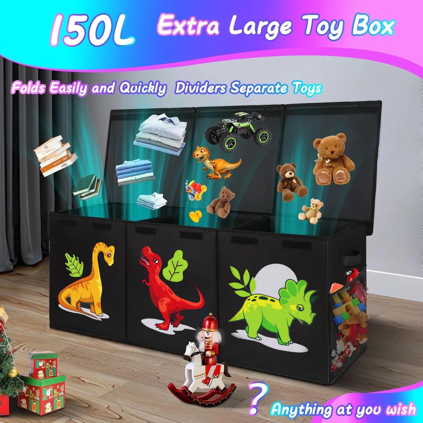 Extra Large Collapsible Toy Box with Lids - Sturdy Storage Organizer for Toys, Black Pink Chest Bin for 14+ Boys & Girls, Perfect for Playroom, Bedroom, Nursery, Toy Storage Organizer, Playroom Organizer - Vibrant Illustratio