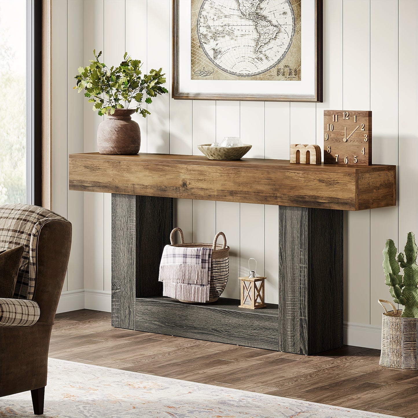 63" Modern Farmhouse Console Table with U-Shaped Base & 2-Tier Shelves - Rustic Brown & Grey Entryway Sofa Table, Engineered Wood/Particle Board, Easy Assembly, Behind Couch Table for Living Room, Hallway, Foyer
