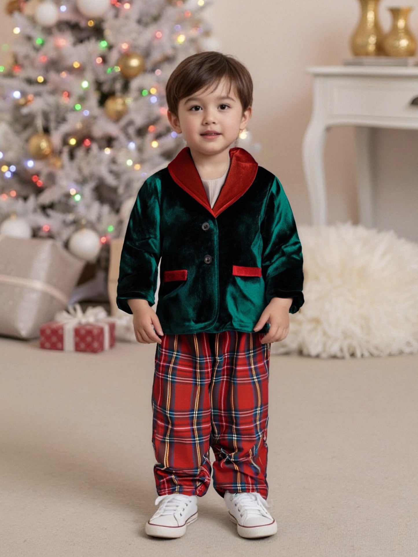 Toddler Infant Baby Boy Christmas Outfit Button up Long Sleeve Jacket and Elastic Plaid Pants 2pcs, Simple Fashion Fall Clothes for 1-4 Years, Perfect for Christmas Parties, Family Photos, Holiday Gatherings Cool Days, Perfec