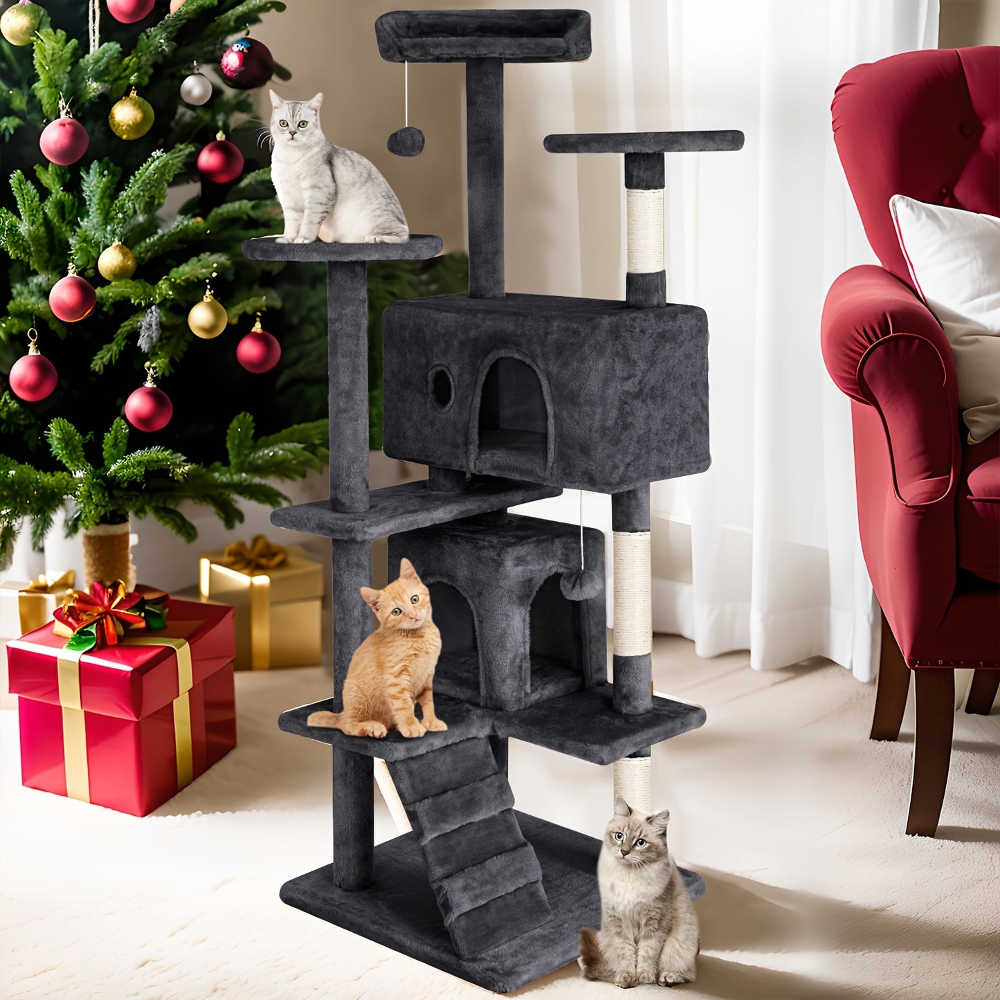 DOPINMIN 54in Cat Tree Tower For Indoor Cats, Multi-Level Furniture Activity Center With Scratching Posts Stand House Condo Funny Toys Kittens Pet Play House, Dark Gray