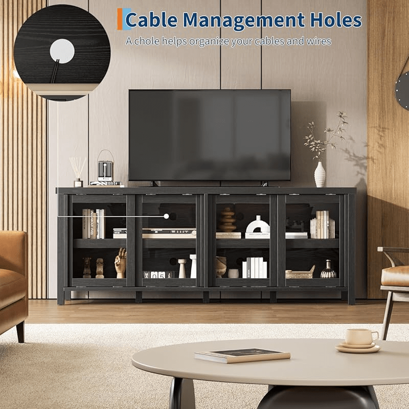 65 Inch TV Stand with Sliding Glass Doors - Heavy-Duty Non-Wood Entertainment Center, Modern Media Console with Storage Cabinet, Easy Assembly Living Room & Home Theater Furniture for Large TVs up to 65 Inches, Display Shelvi