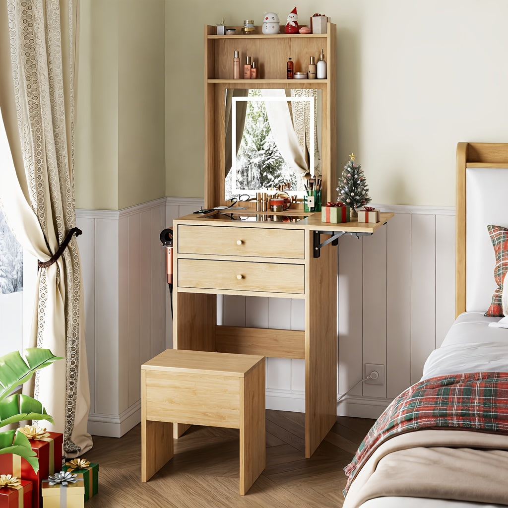 Space-Saving Vanity Desk with Illuminated Mirror, Folding Top, 2 Drawers, Charging Station And Matching Chair for Bedroom Or Apartment